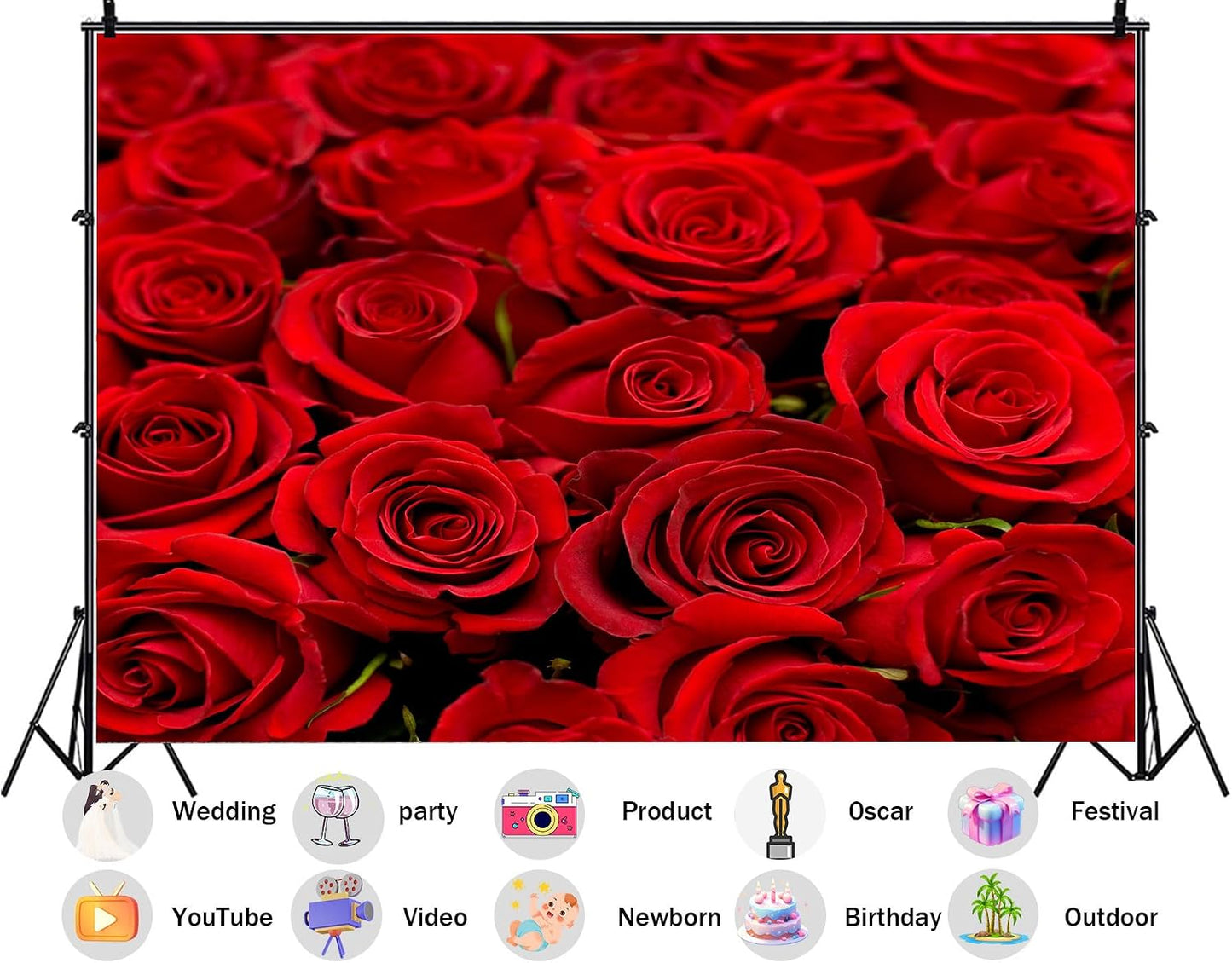 SHDASMIL 10X7ft Fabric Bright Red Roses Close Up Backdrop Fresh Floral Bouquet Background for Valentines Day Wedding