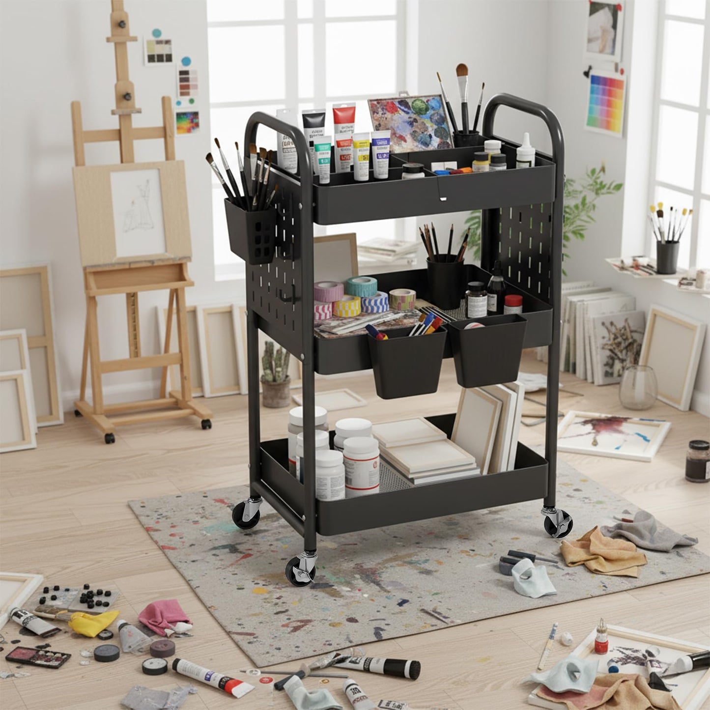 danpinera Craft Cart, Black Rolling Cart with Retractable Dividers & DIY Pegboards for Kitchen, Bedroom, Laundry